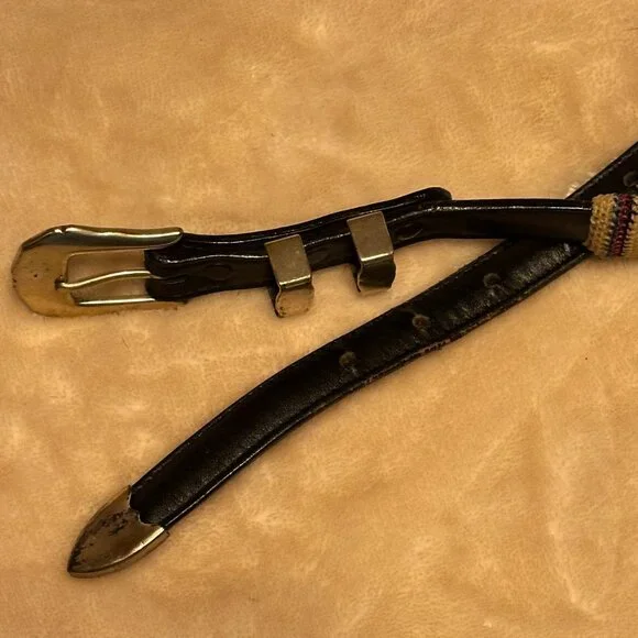 Southwestern Brass Buckle Woven Black Leather Strap Belt Holes 28" - 32" EUC - Picture 7 of 11